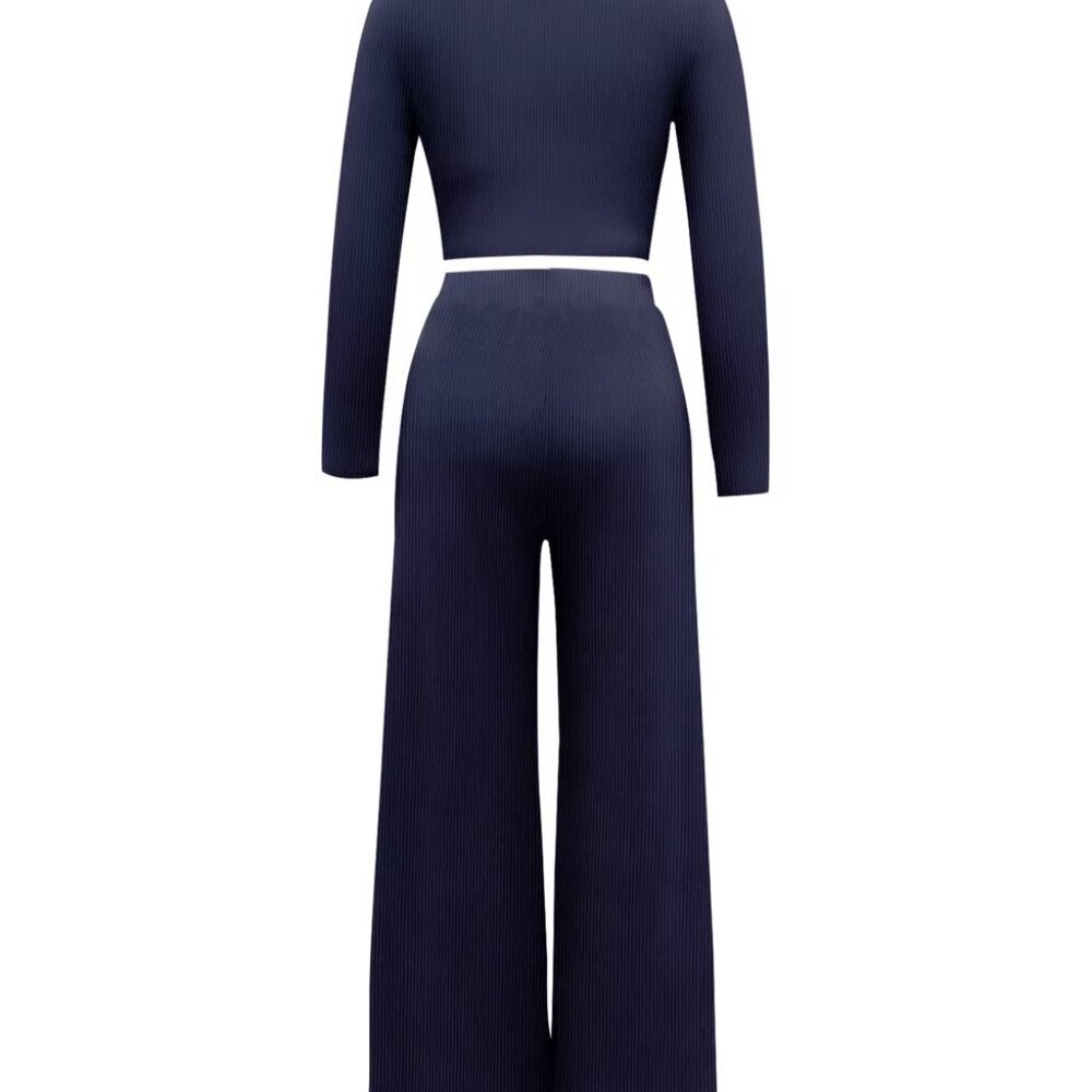 Casual Long Sleeve Crop Top and Wide Leg Pants Set - Picture 8 of 9